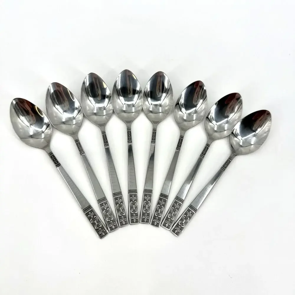 Customcraft Set~8 Stainless Teaspoons CUS3 Taiwan Flatware Silver/Black Accent